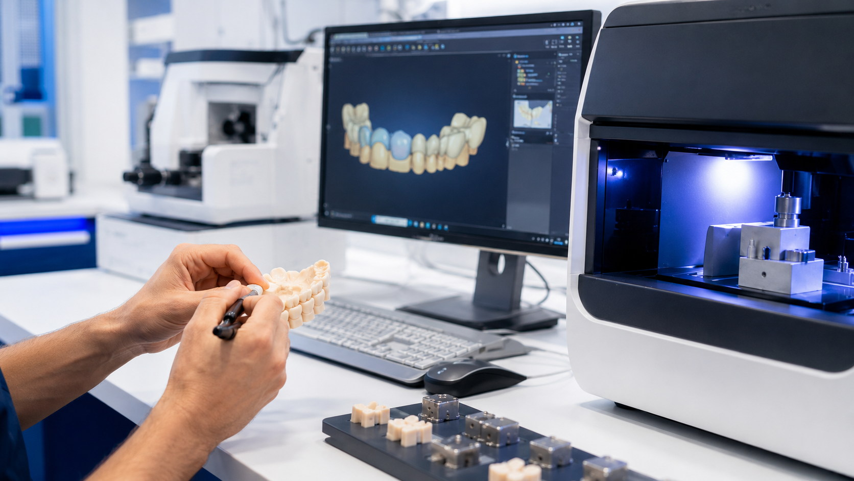 Technician designing a dental restoration on screen